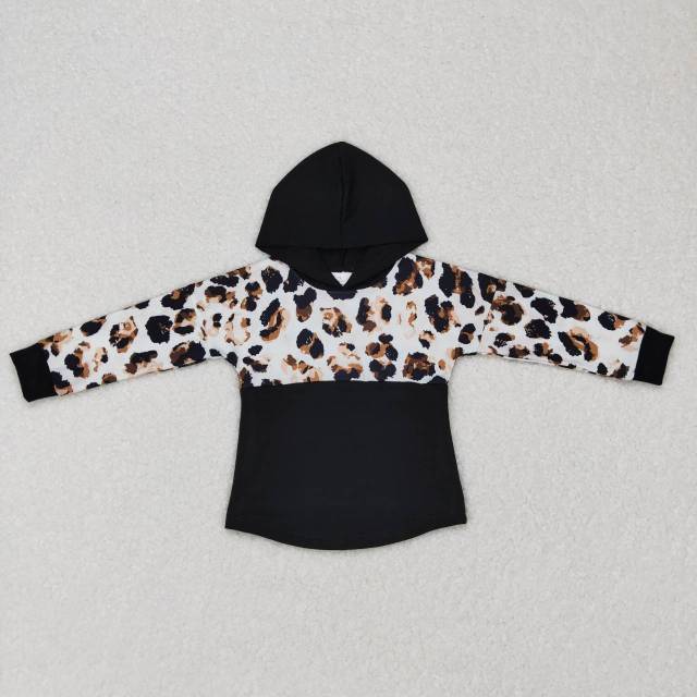 BT0368 Leopard print black hooded long sleeve top