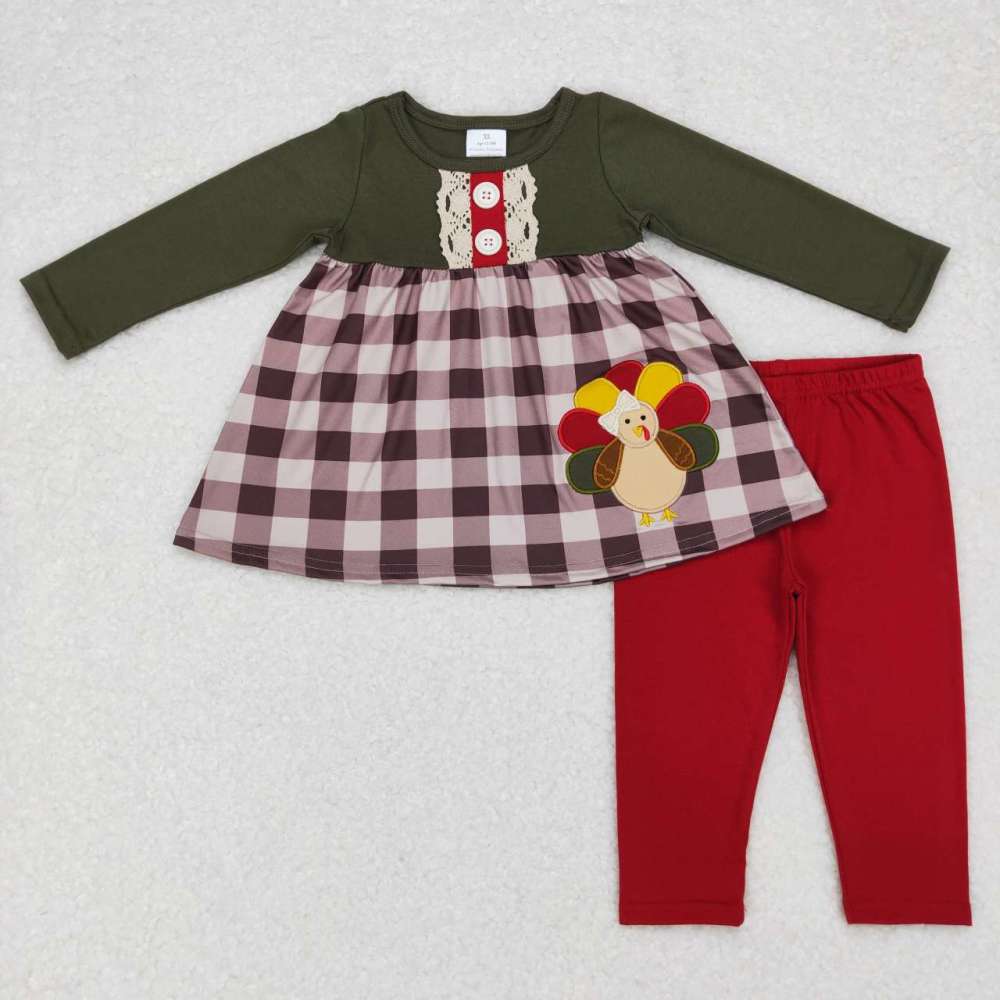 GLP0750 Embroidery Turkey Khaki Plaid Lace Dark Green Long Sleeve Red Pants Suit