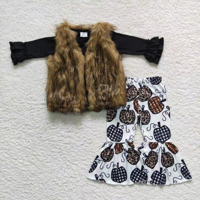 6 A21-4 GLP0263  Girls Black Long Sleeve Leopard Pumpkin Trousers Set