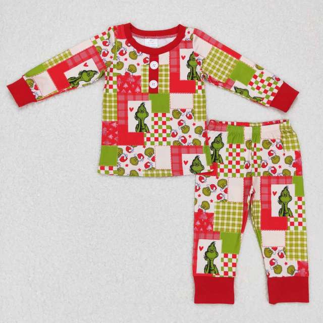 BLP0373 Christmas Cartoon grinch red and green plaid beige long sleeves Pants Suit