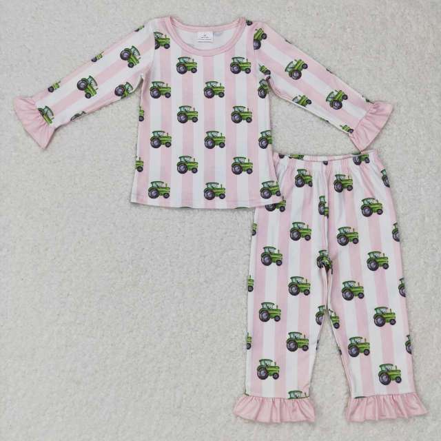 GLP0776 Green tractor pink and white striped long sleeves Pants Suit