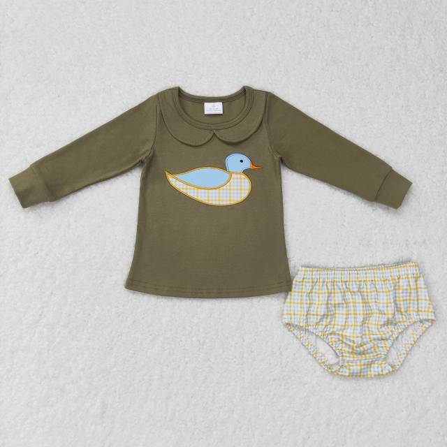 GBO0186 Embroidered Duck Green Long Sleeve Blue Plaid Briefs Set