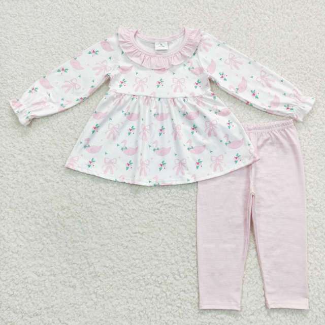 GLP0882 Goose bow lace white long sleeve pink Pants Suit