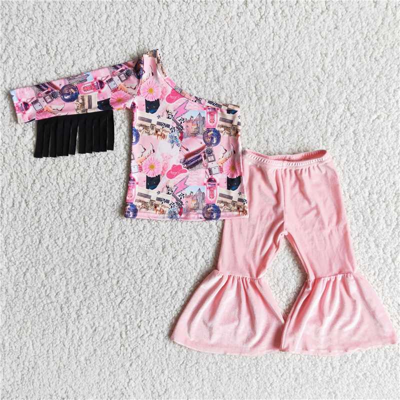 6A30-18 Printed fringed top and pink gold velvet flared pants
