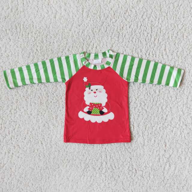 6 A32-1 Green Striped Long Sleeve Red Sleeve Christmas Top