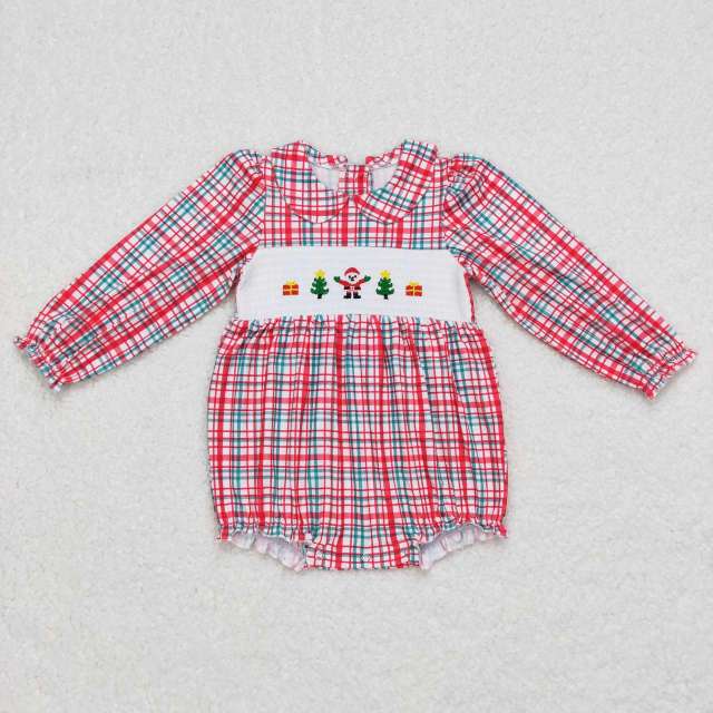 LR0571 girls christmas smocked embroidery gift Santa Claus red and green plaid long-sleeved dress