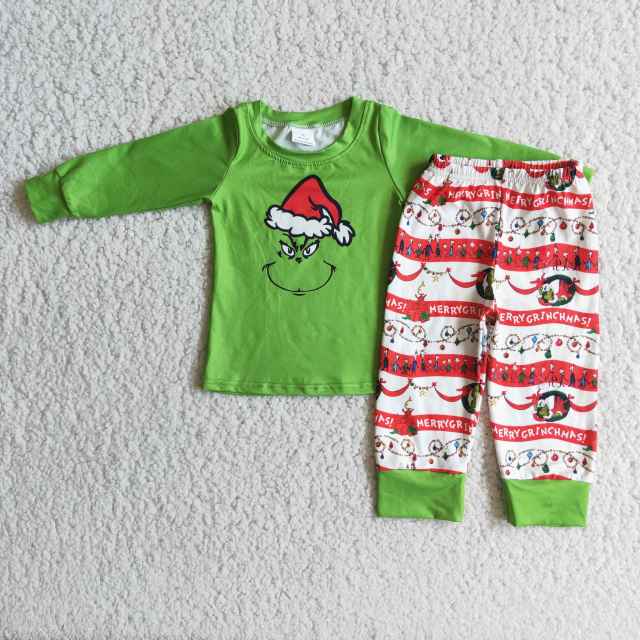 6 A14-19 grinch boys green long sleeve top and pants suit