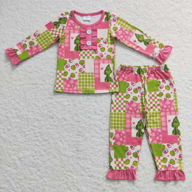 GLP0846 Cartoon grinch red and green plaid pink lace beige long-sleeved Pants Suit