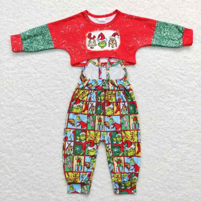 GLP0814 Christmas Cartoon grinch red and green long-sleeved plaid suspender jumpsuit and pants suit