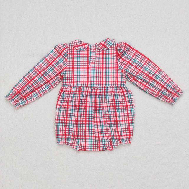 LR0571 girls christmas smocked embroidery gift Santa Claus red and green plaid long-sleeved dress