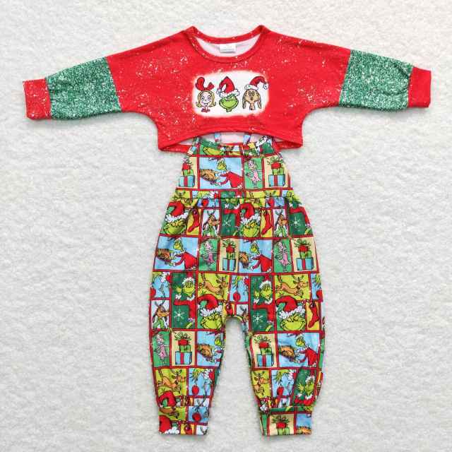 GLP0814 Christmas Cartoon grinch red and green long-sleeved plaid suspender jumpsuit and pants suit
