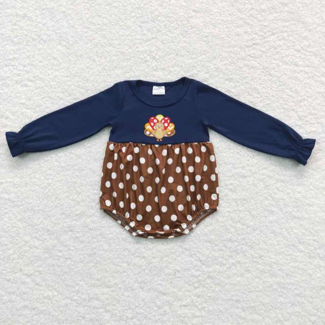 LR0605 Girls Thanksgiving Embroidered Polka Dot Turkey Navy Brown Long Sleeve Jumpsuit