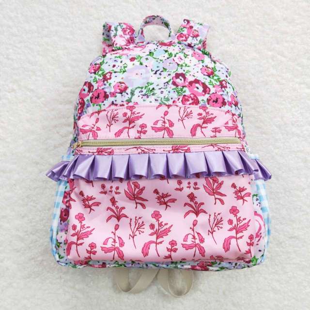 BA0099 Blue and purple flower lace plaid backpack