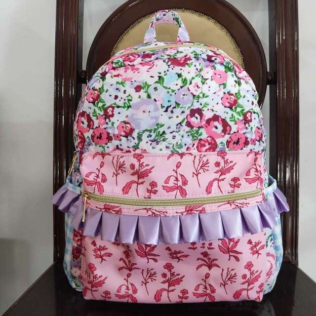 BA0099 Blue and purple flower lace plaid backpack