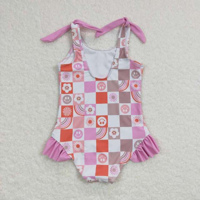 S0150 Smiley flower rainbow pink and white plaid one-piece swimsuit