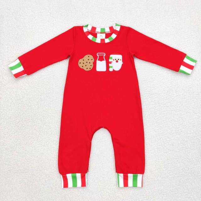 LR0629 Embroidery Cookies Milk Santa Red Green White Stripes Long sleeve jumpsuit