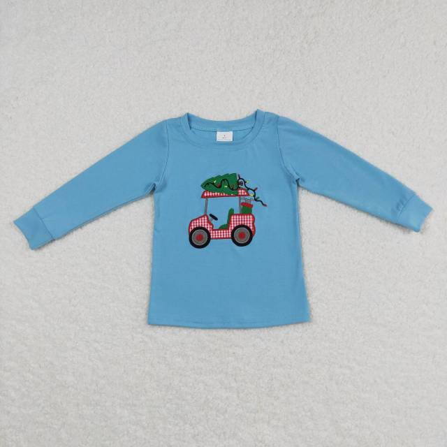 BT0352 Embroidered Christmas tree sightseeing car light blue long-sleeved top