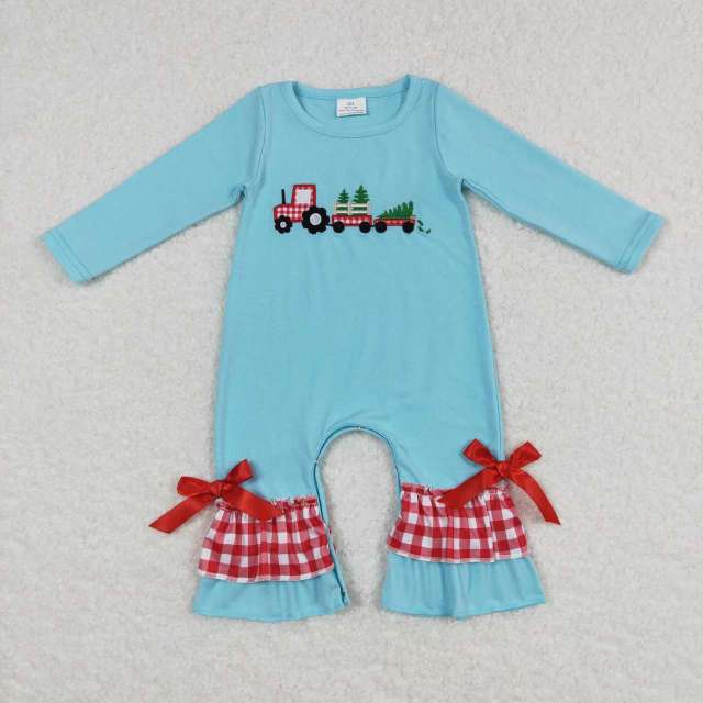 LR0499 Embroidered Christmas Tree Truck Red Plaid Blue Long Sleeve Jumpsuit