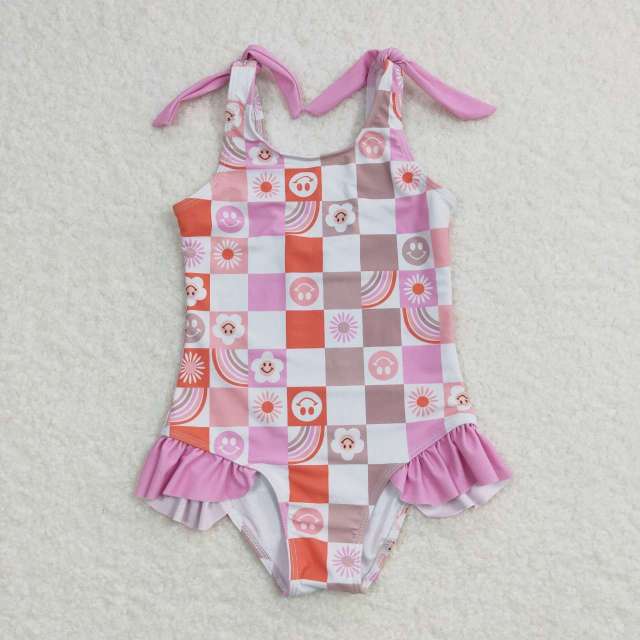 S0150 Smiley flower rainbow pink and white plaid one-piece swimsuit