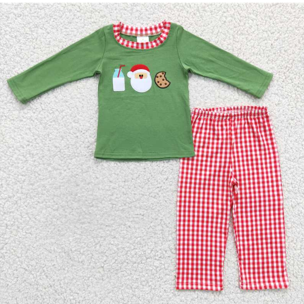 BLP0147 Boys Embroidered Santa Cookie Milk Green Long Sleeve Pants Suit