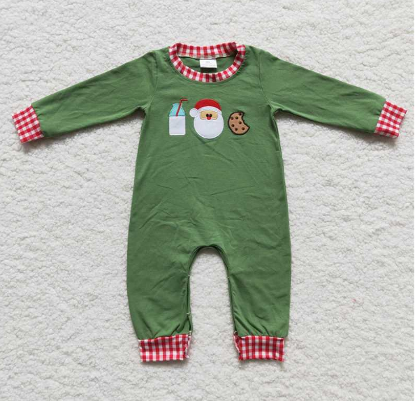 LR0232 Boys Embroidered Santa Cookie Milk Green Long Sleeve Jumpsuit