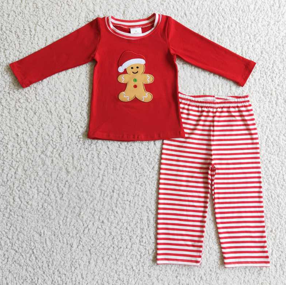 BLP0122 Boys Embroidered Christmas Gingerbread Man Red Long Sleeve Pants Suit