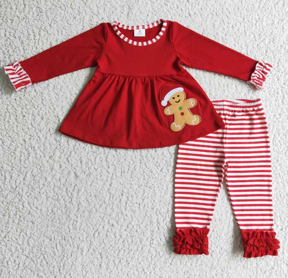 GLP0296 Girls Embroidered Christmas Gingerbread Man Red Long Sleeve Pants Suit