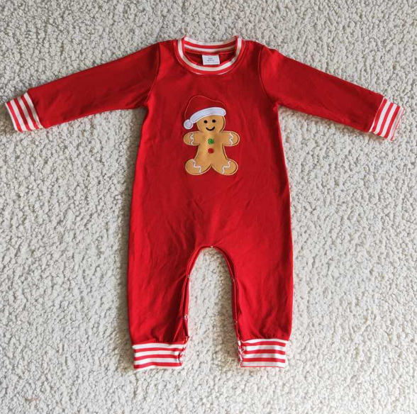 LR0195 Boys Embroidered Christmas Gingerbread Man Red Long Sleeve Jumpsuit