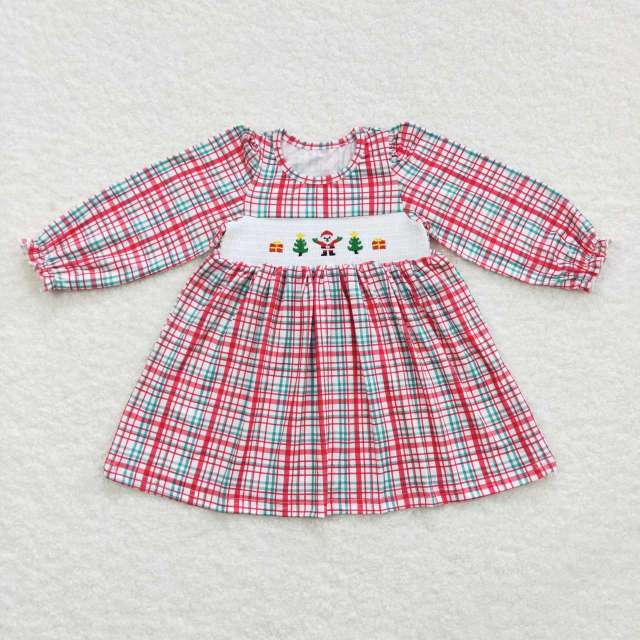 GLD0331 smocked embroidered gift christmas Santa Claus red and green plaid long-sleeved dress