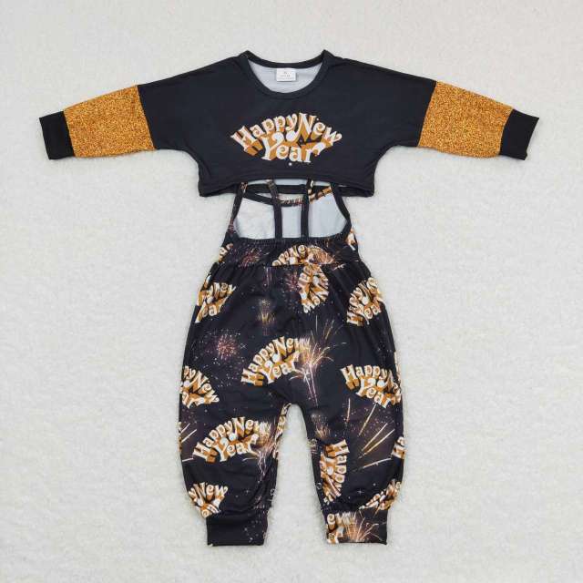 GLP0815 happy new year letters black and gold long sleeve fireworks suspender jumpsuit pants suit 2 pieces suit