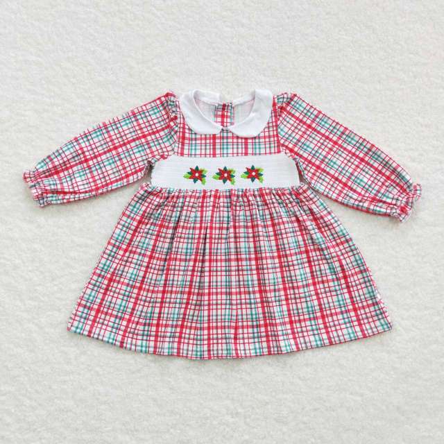 GLD0300 Girls Christmas Embroidered Flowers Red Plaid Long Sleeves dress