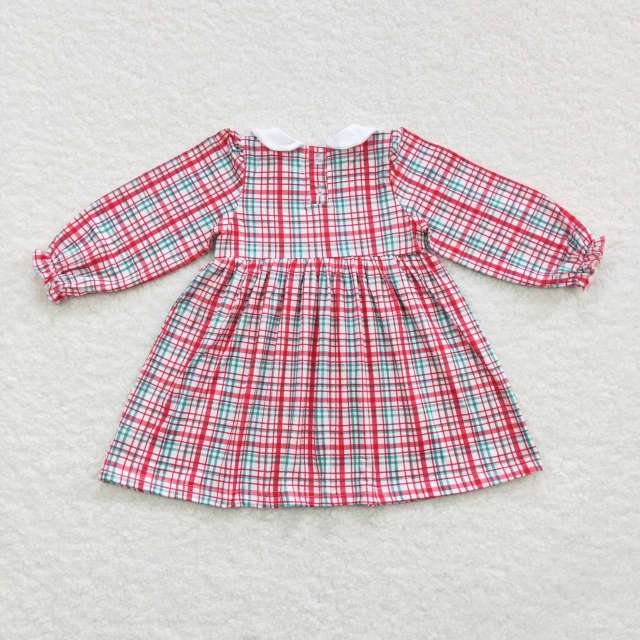 GLD0300 Girls Christmas Embroidered Flowers Red Plaid Long Sleeves dress