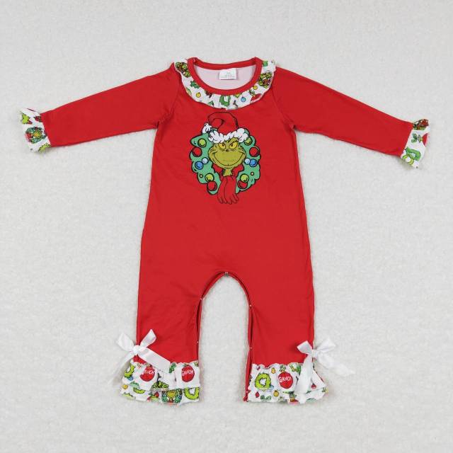 LR0578 christmas grinch garland lace red long sleeve jumpsuit