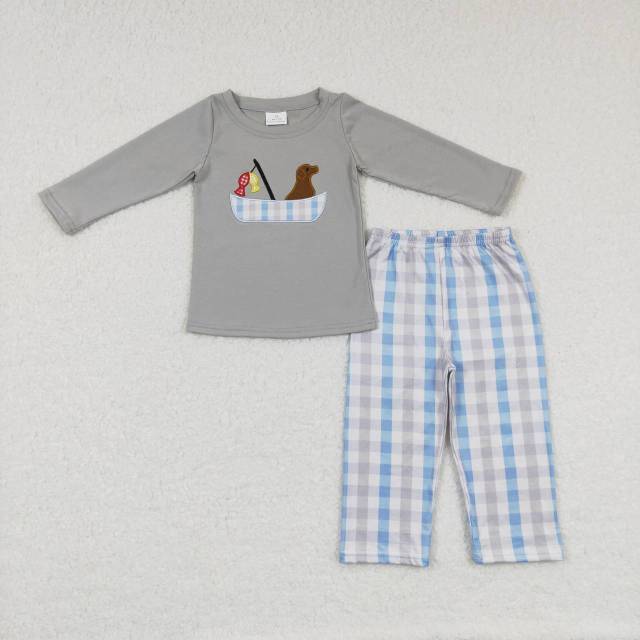 BLP0350 Embroidered Puppy Fishing Blue Plaid Long Sleeve Pants Suit