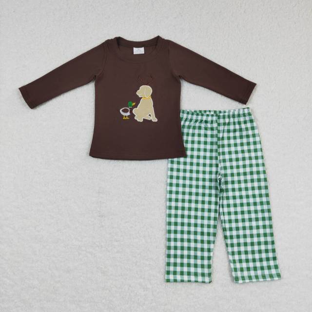 BLP0293 Embroidery Mallard puppy brown long sleeve green and white plaid Pants Suit