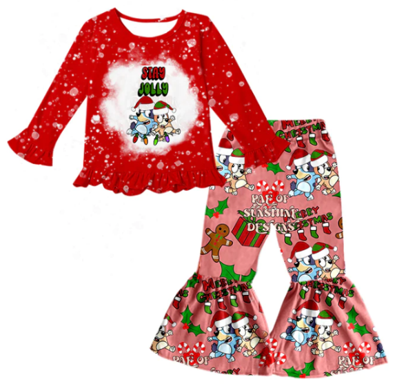 Custom style no moq kids summer clothes christmas red long sleeve pants set