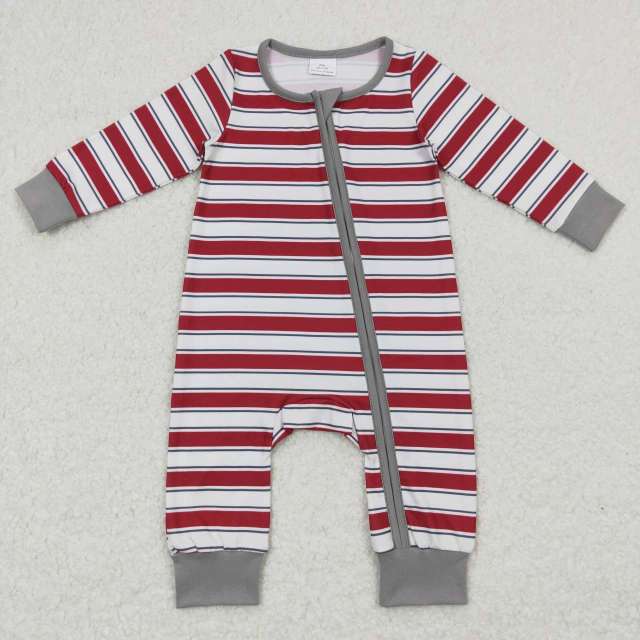 LR0748 Red and white striped gray trim long sleeve jumpsuit with zipper