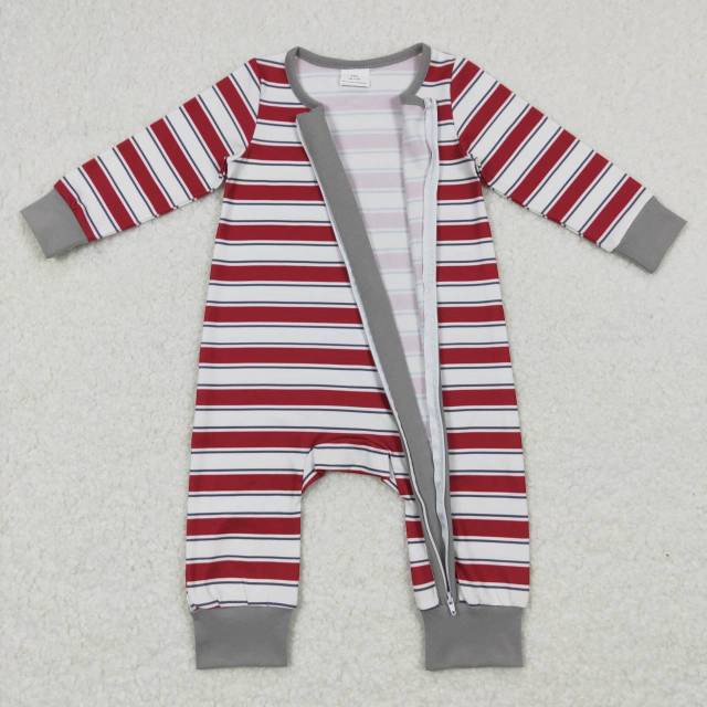 LR0748 Red and white striped gray trim long sleeve jumpsuit with zipper