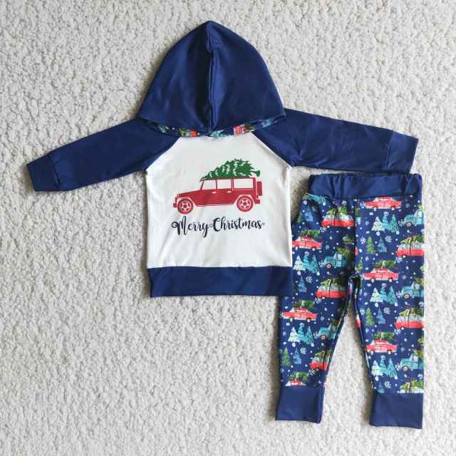 6 A12-13 Merry Christmas blue Christmas long-sleeved pants and hooded sweatshirt suit