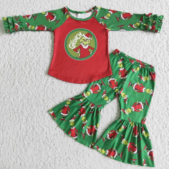 6 A13-20 grinch green long sleeve bell pants suit