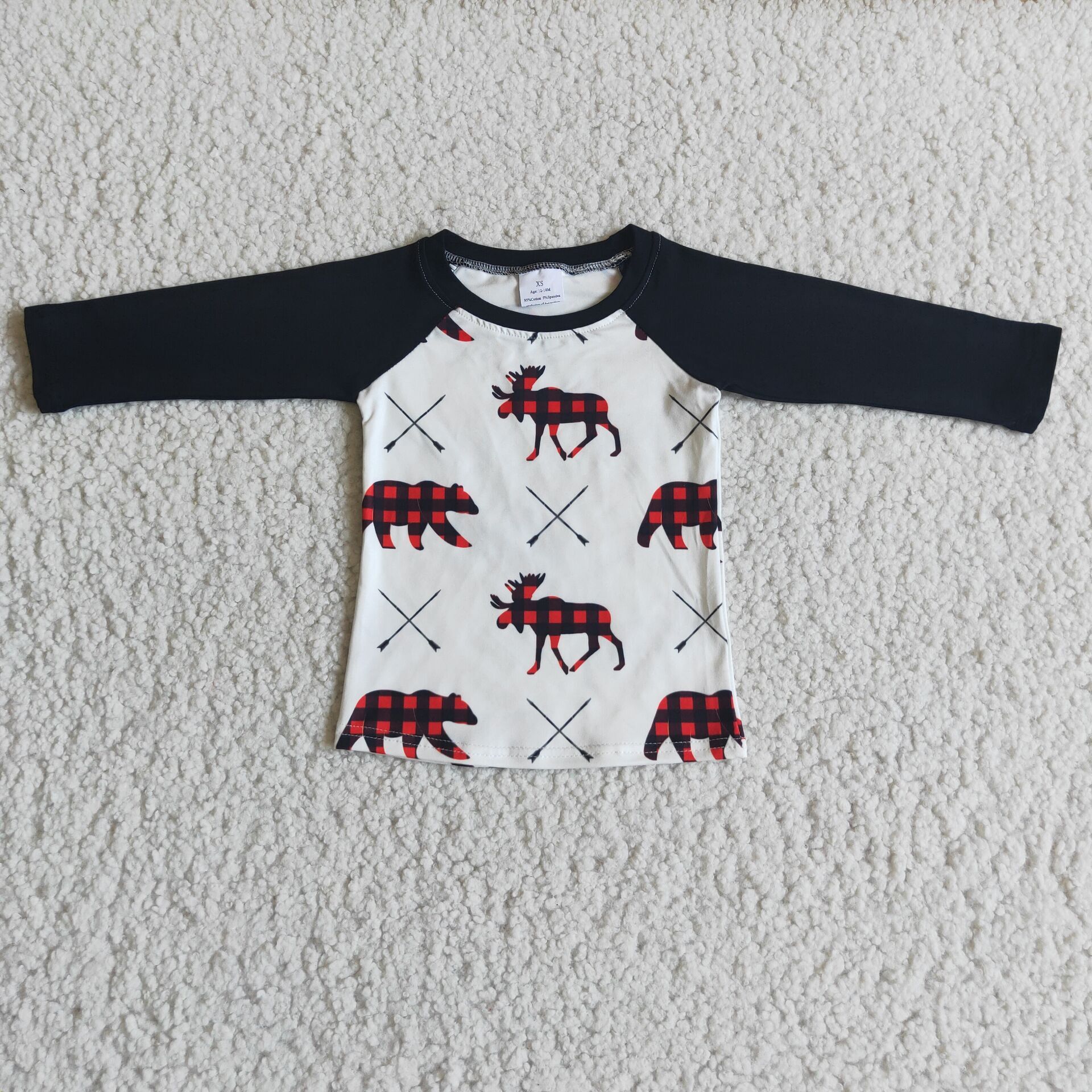 6 B6-32 Plaid Bear Black Long Sleeve Boys Top