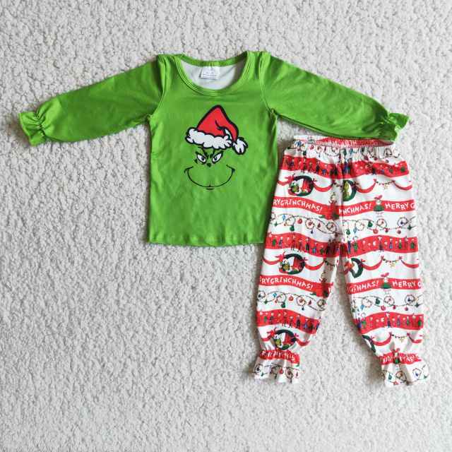 6 A20-4 Christmas grinch girls green long sleeve pants suit
