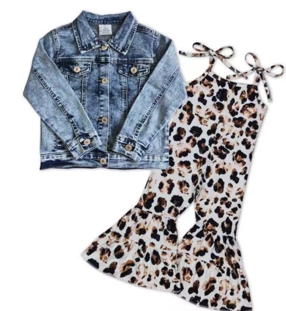 6 A5-14 blue and white denim jacket and   leopard print jumpsuit