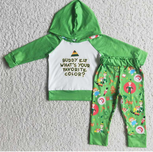 6 A7-20 BUDDY ELF green hooded sweatshirt and pants suit