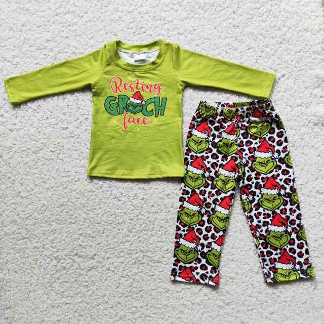 6 C10-37 grinch green boys long sleeve top and pants suit