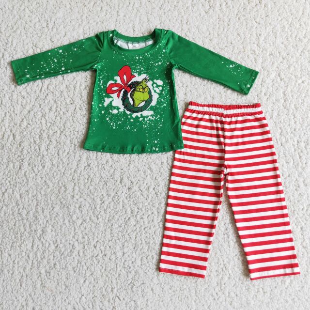 6 A12-4 grinch green long sleeve top red striped trousers suit