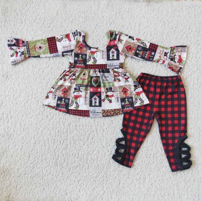 6 A2-16 Snowman long-sleeved top red plaid PANTS SET