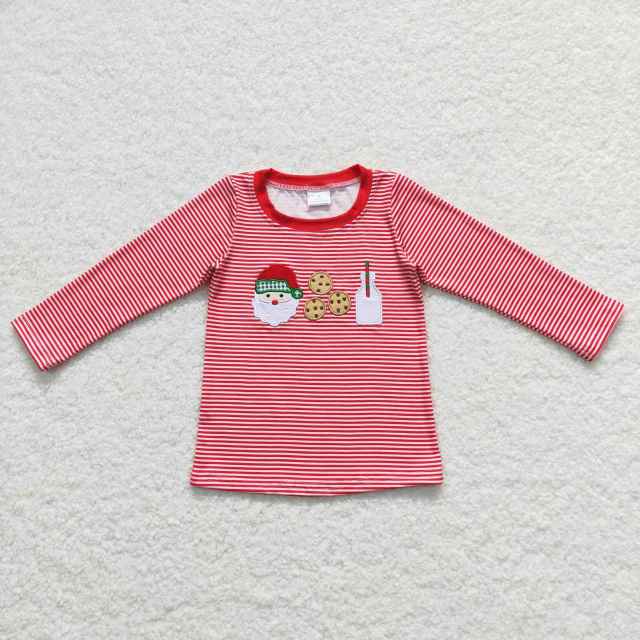 BT0370 Embroidered Santa Cookie Milk Red Striped Long Sleeve Top