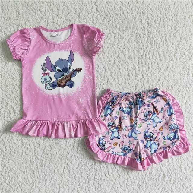 GSSO0015 Lilo and Stitch Pink Short Sleeve Pleated Puff Sleeve Shorts Set