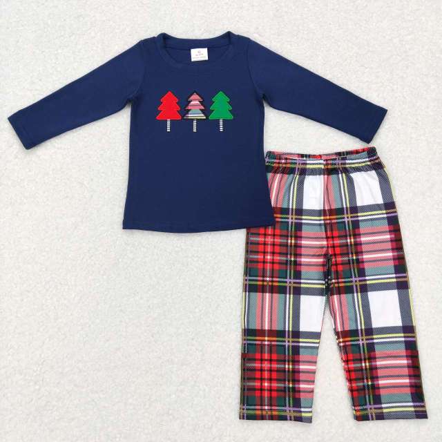 BLP0352 Embroidery Three Christmas Trees Navy Blue Long Sleeve Red Plaid Pants Suit